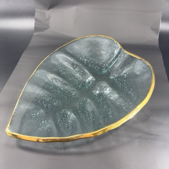 Vintage Clear Recycle Glass Dish Plate Platter Leaf Shaped With Gold Edges Glass - Picture 12 of 14